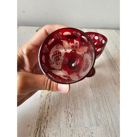 Egermann mini wine champagne Bohemian red glass cut bird cranberry ruby - Picture 6 of 7
